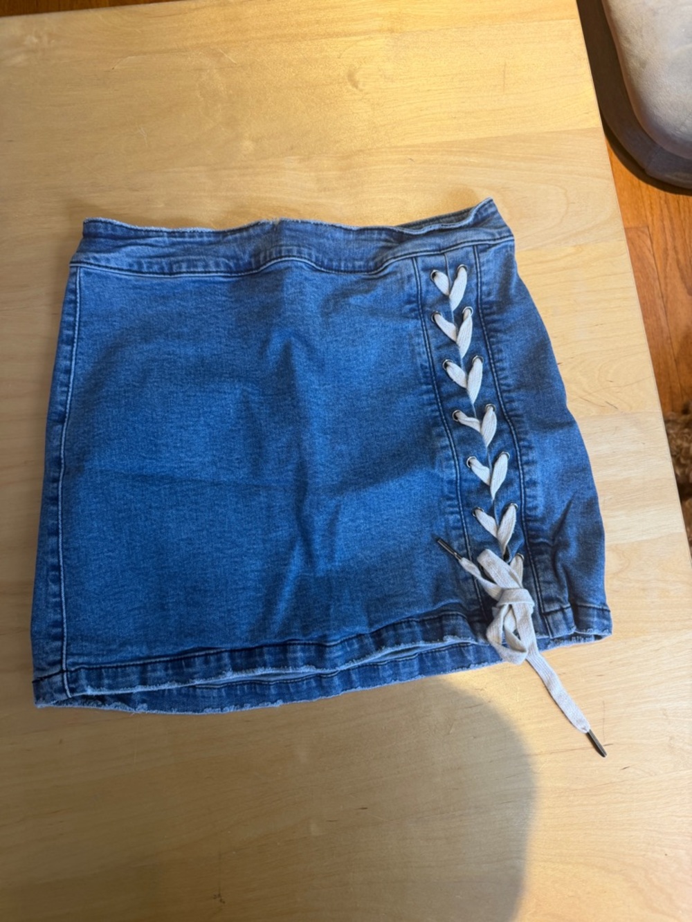 Listicle Blue Denim Mini Skirt with Heart Lace-Up Accent